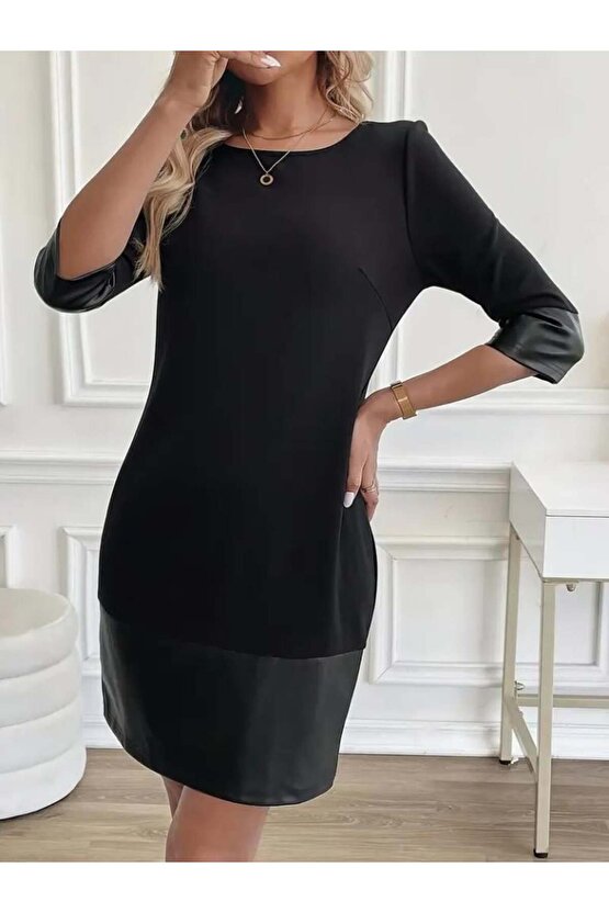 Kadın Uzun Kollu Bisiklet Yaka Deri Detaylı Ithal Krep Elbise