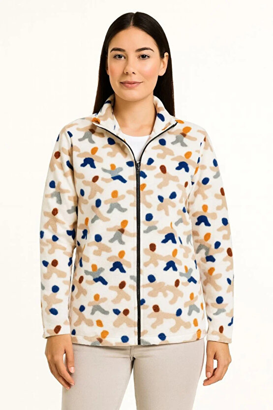 Kadın Tam Fermuarlı Desenli Polar Sweat – Siyah Multicolor Figür Desen Yakalı, Uzun Kollu, Oversize