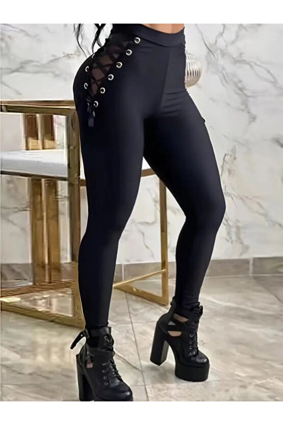 Kadın Yüksek Bel çapraz Bağcıklı Tül Detaylı Dalgıç Tayt