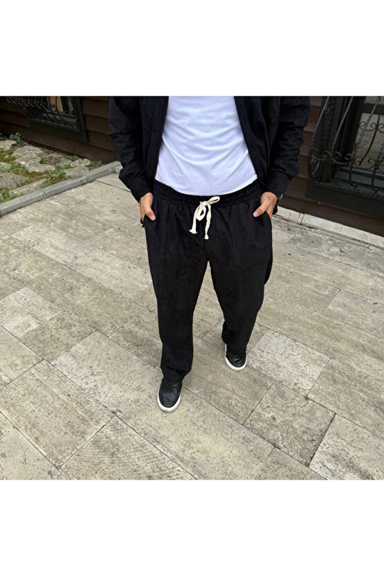 VİBE UNİCO Erkek Fitilli Kadife Cepli Buggy Pantolon Oversize Rahat Kalıp - Siyah