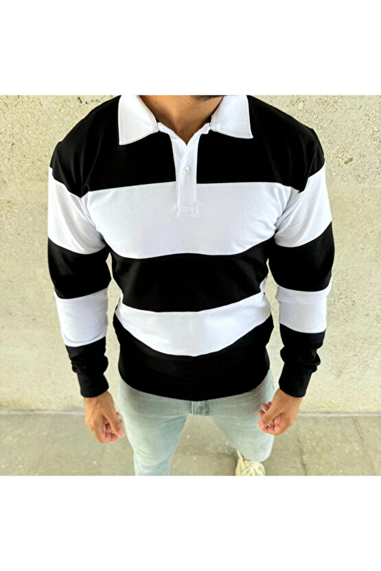 Erkek Polo Yaka Uzun Kollu Çizgili Sweatshirt Trend Rugby Stil - Siyah