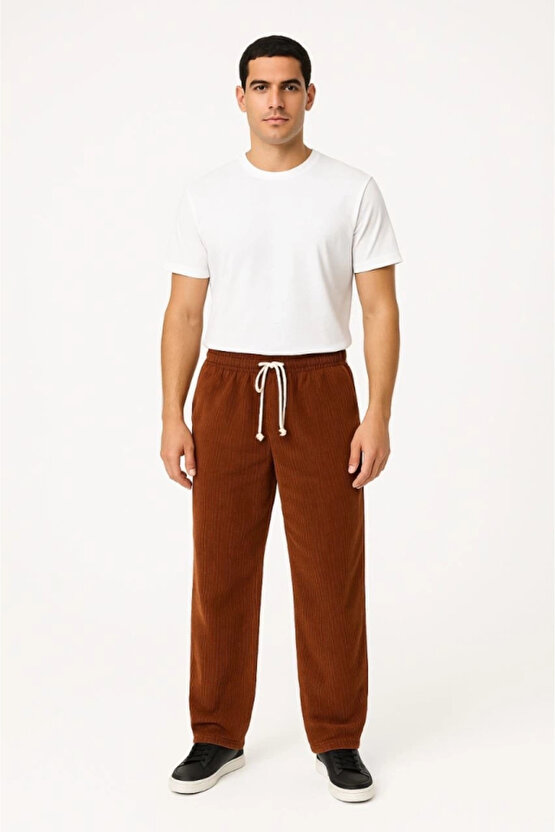 MDB Erkek Fitilli Kadife Cepli Buggy Pantolon Oversize Rahat Kalıp Kahverengi
