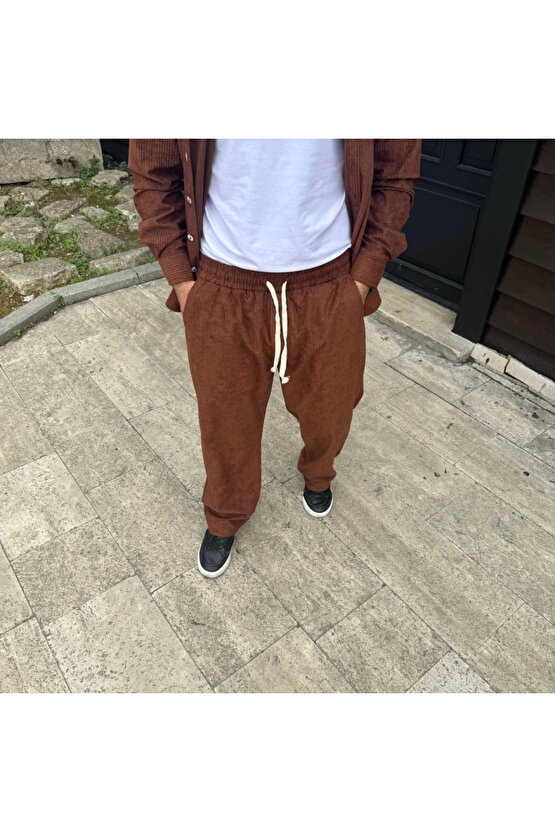 MDB Erkek Fitilli Kadife Cepli Buggy Pantolon Oversize Rahat Kalıp Kahverengi