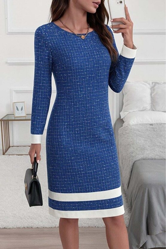 Kadın Uzun Kollu Yuvarlak Yaka Etek Ucu şerit Detaylı Mini Dokuma Elbise