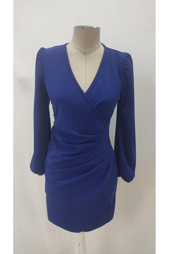 Kadın Uzun Kollu Kruvaze Yakalı Yanlardan Büzgü Detaylı Ithal Krep Kısa Elbise