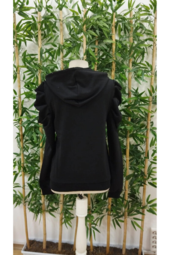 Kadın Uzun Kollu Kapşonlu Bağcıklı Kollarda Büzgü Detaylı Iki Iplik Bluz