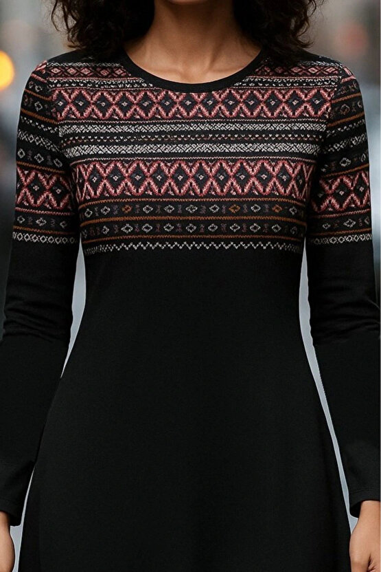 Kadın Uzun Kollu Bisiklet Yaka Etnik Desenli Kısa şardonlu Dalgıç Elbise