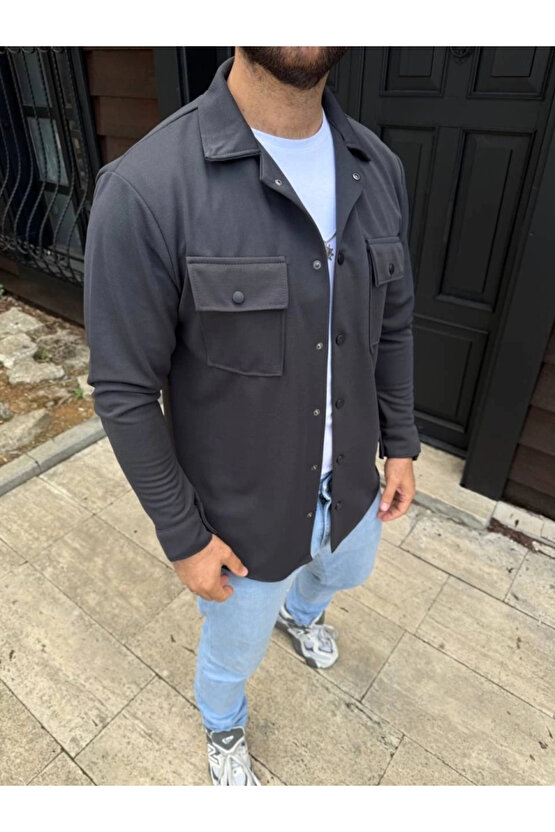 Erkek Diagonal Kumaş Cepli Çıtçıtlı uzun Kollu, Gömlek Oversize Rahat Kalıp Günlük Şık Stil - Füme