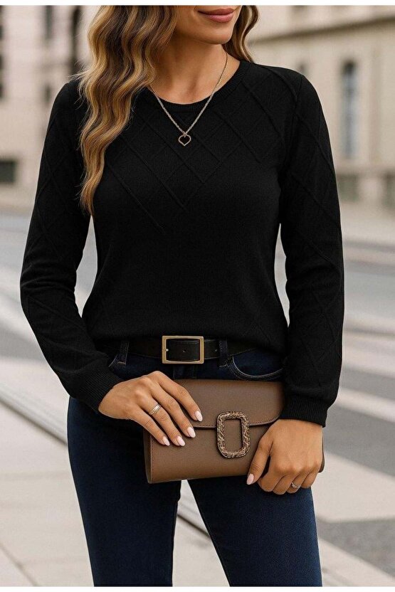 Kadın Uzun Kollu Bisiklet Yaka Geometrik Desenli Triko Bluz