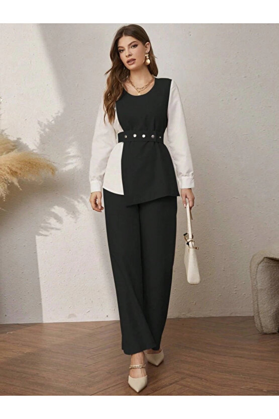 Kadın Uzun Kollu Açık Yakalı çift Renkli Kemerli Ithal Krep Ikili Takım