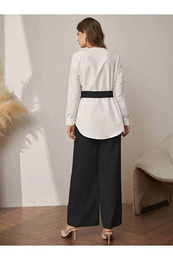 Kadın Uzun Kollu Açık Yakalı çift Renkli Kemerli Ithal Krep Ikili Takım