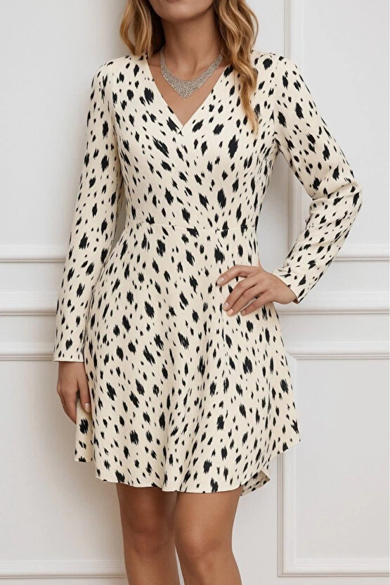 Kadın Uzun Kollu V Yakalı Desenli Kısa Keten Elbise