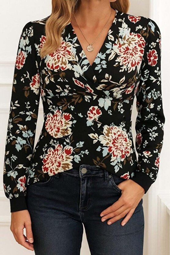 Kadın Uzun Kollu Kruvaze Yakalı Kelebek Desenli şardonlu Dalgıç Bluz