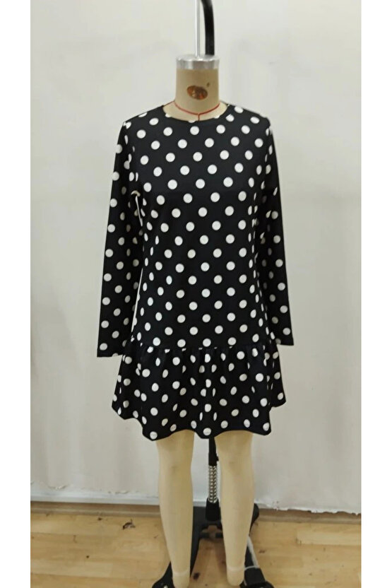 Kadın Uzun Kollu Bisiklet Yaka Fırfırlı Puantiyeli Kısa Modal Elbise