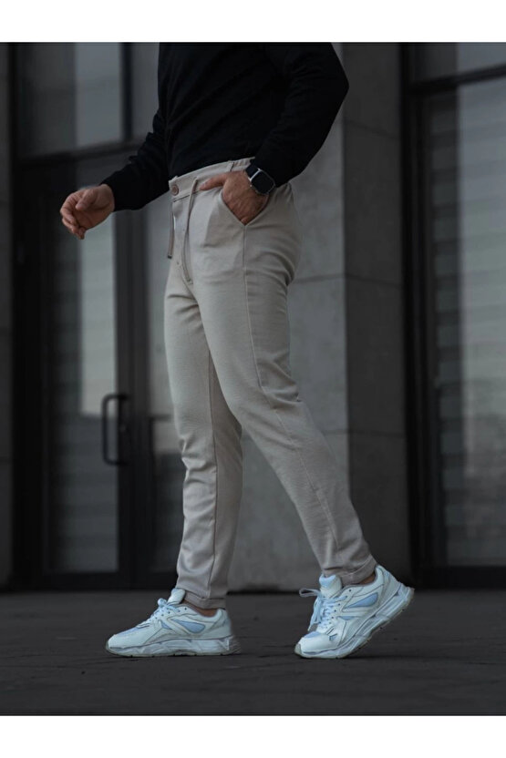 MDB Erkek Diagonel ikro Dokulu Cepli Pantolon Bej