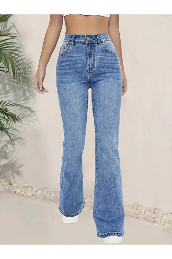 Kadın Yüksek Bel İspanyol Paça Kot Pantolon