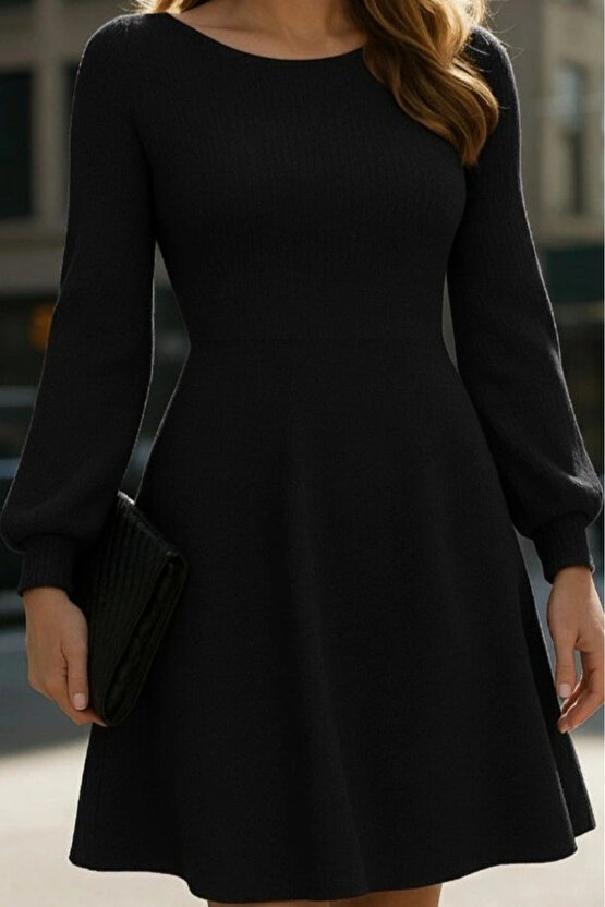 Kadın Uzun Kollu Kayık Yaka Kısa Triko Elbise