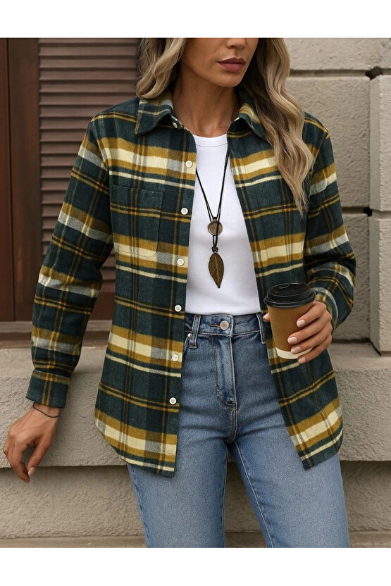 Kadın Uzun Kollu Kare Desenli önden Düğmeli Dokuma Gömlek