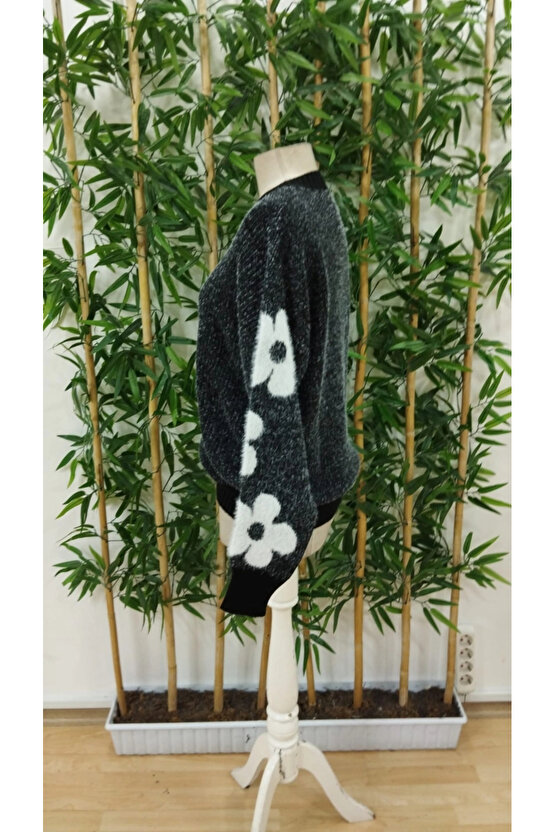 Kadın Uzun Kollu Bisiklet Yaka çiçek Desenli Triko Bluz