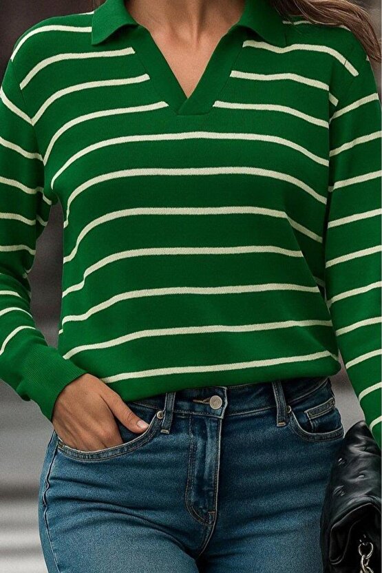 Kadın Uzun Kollu V Yaka çizgili Triko Bluz