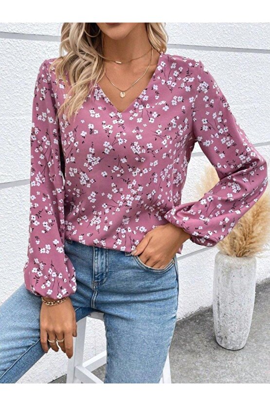 Kadın Uzun Kollu V Yakalı çiçek Desenli Modal Bluz