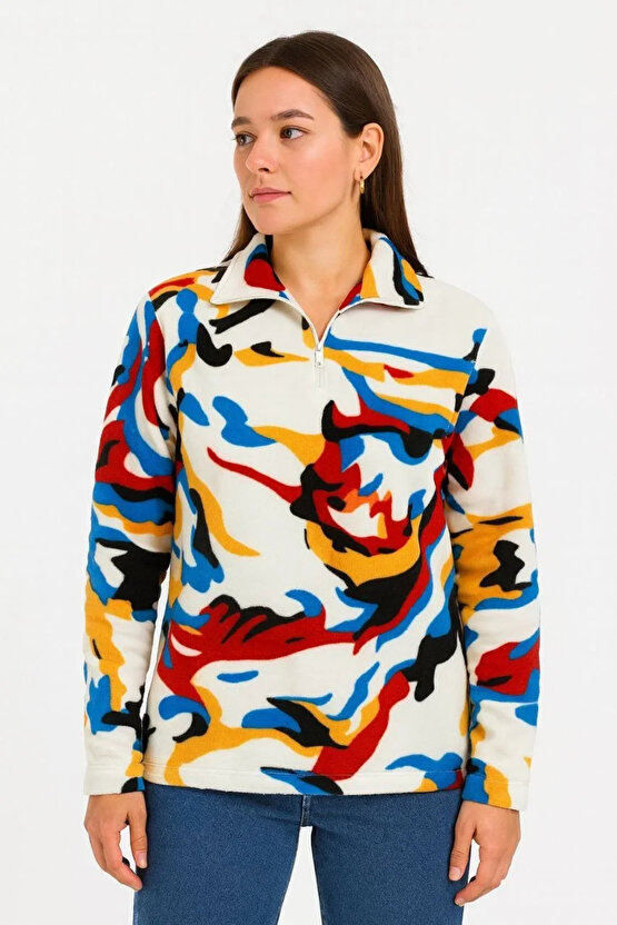 Kadın Yarım Fermuarlı Desenli Polar Sweat – Renkli Abstract Desen Yakalı, Uzun Kollu, Oversize Rahat