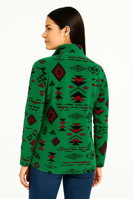 Kadın Yarım Fermuarlı Desenli Polar Sweat Tribal Etnik Desen Yakalı, Uzun Kollu, Oversize Rahat Kalı