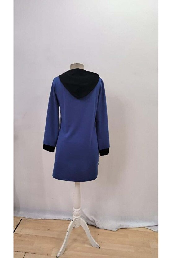 Kadın Uzun Kollu Kapşonlu önden Fermuarlı Düğmeli Mini Iki Iplik Elbise