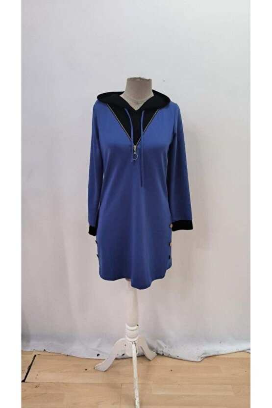 Kadın Uzun Kollu Kapşonlu önden Fermuarlı Düğmeli Mini Iki Iplik Elbise