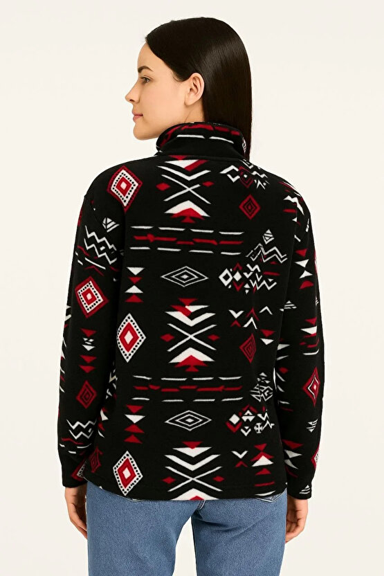 Kadın Yarım Fermuarlı Desenli Polar Sweat Tribal Etnik Desen Yakalı, Uzun Kollu, Oversize Rahat Kalı