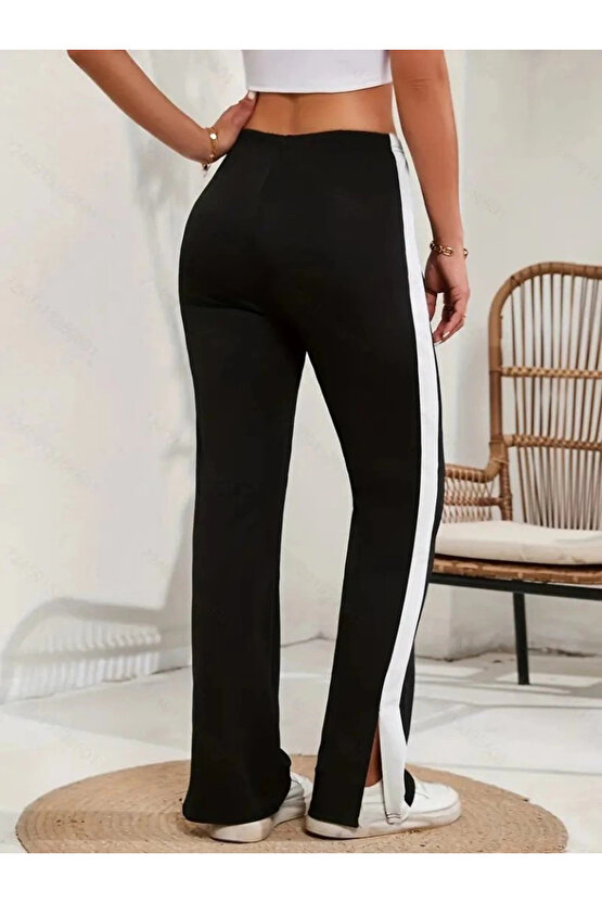 MDB Kadın Yüksek Bel Yan şerit Detaylı Yırtmaçlı Viskon Iki Iplik Pantolon