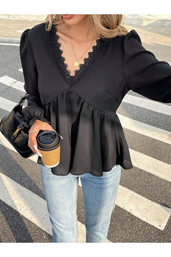 Kadın Uzun Kollu V Dantel Yaka Aerobin Bluz