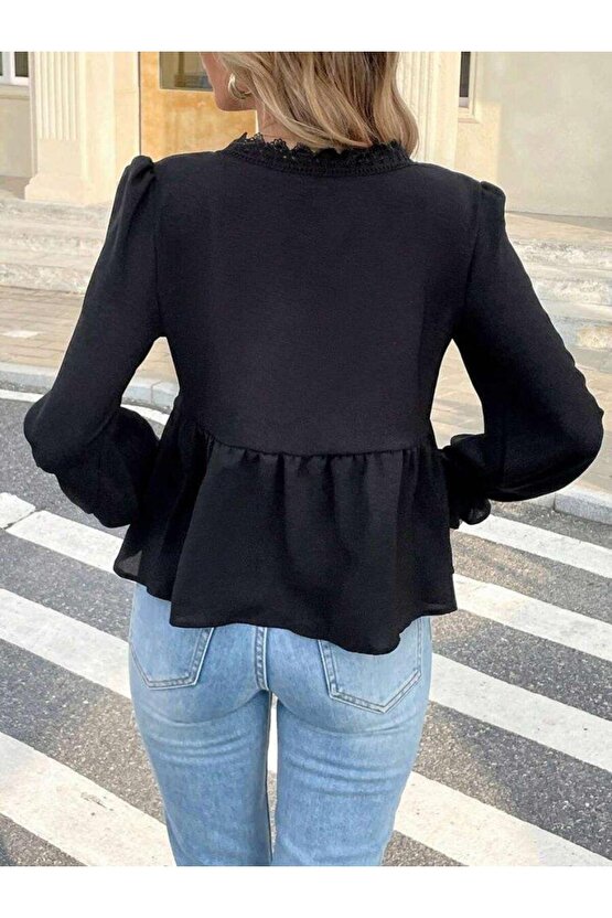 Kadın Uzun Kollu V Dantel Yaka Aerobin Bluz