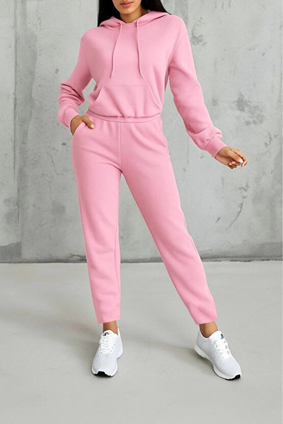 Kadın Uzun Kollu Kapşonlu Bağcıklı üç Iplik Bluz Ve Pantolon Ikili Takım