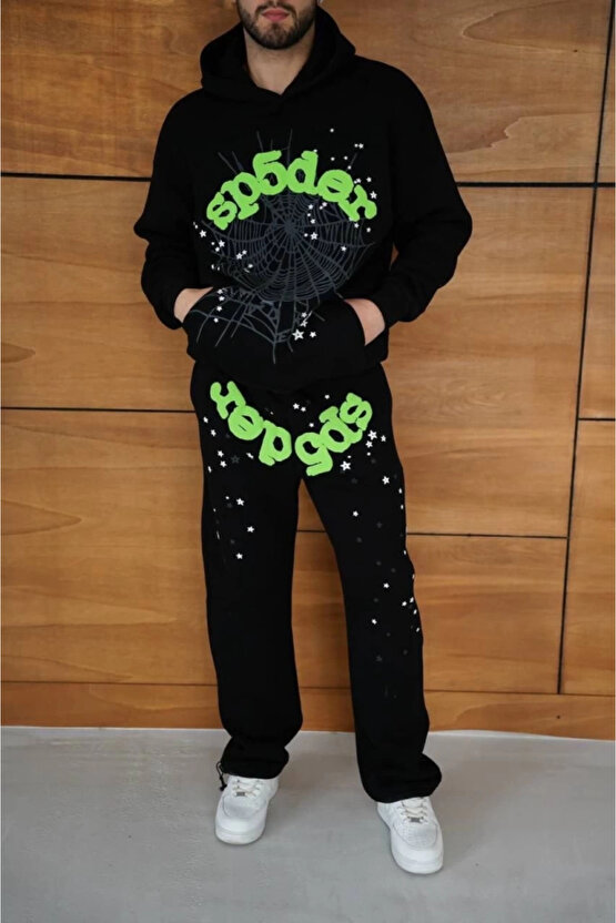 MDB Erkek Kapüşonlu Eşofman Takım Örümcek Ağı Ve Neon Yeşil Baskılı Kanguru Cepli Oversize Rahat Kal