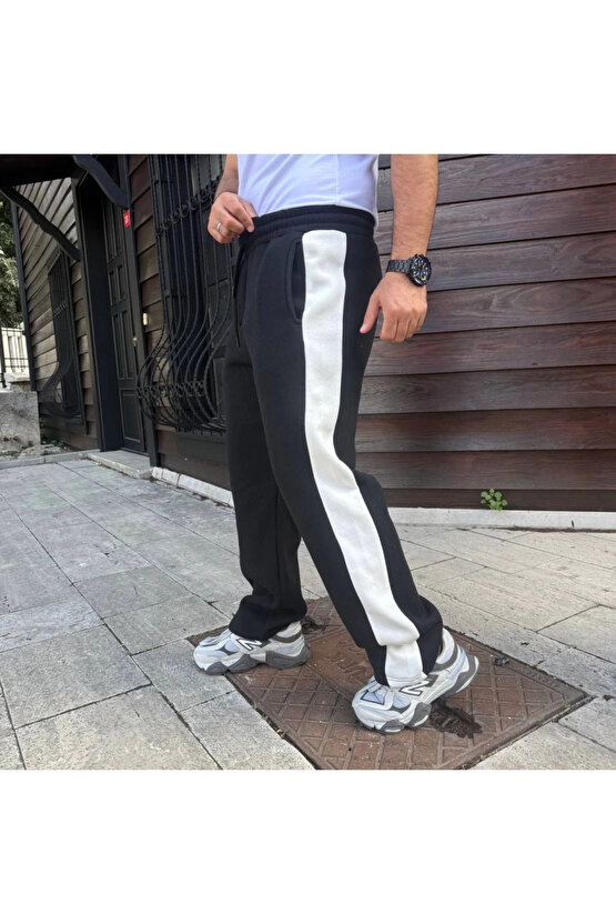 Erkek Üç İplik Kışlık Pamuklu Yandan Garneli Kalın Şeritli Cepli Eşofman Altı - Siyah