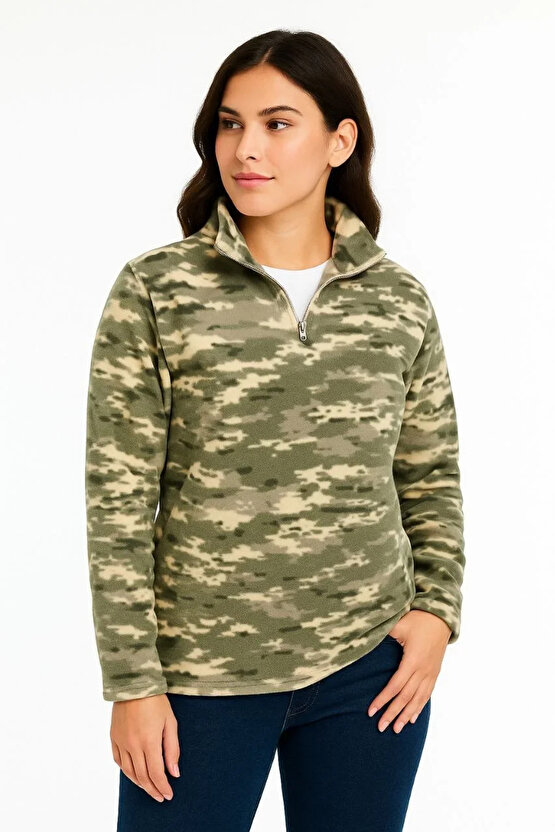 Kadın Yarım Fermuarlı Desenli Polar Sweat – Haki Kamuflaj Yakalı, Uzun Kollu, Oversize Rahat Kalıp -