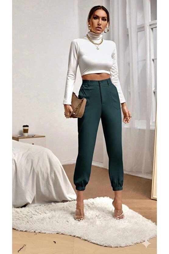 Kadın Yüksek Bel Cepli Paçası Lastikli Ithal Krep Pantolon