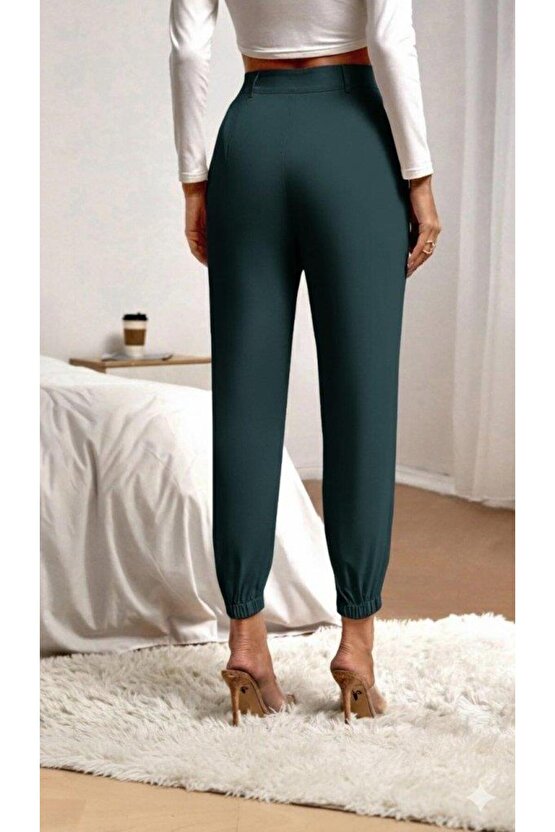 Kadın Yüksek Bel Cepli Paçası Lastikli Ithal Krep Pantolon
