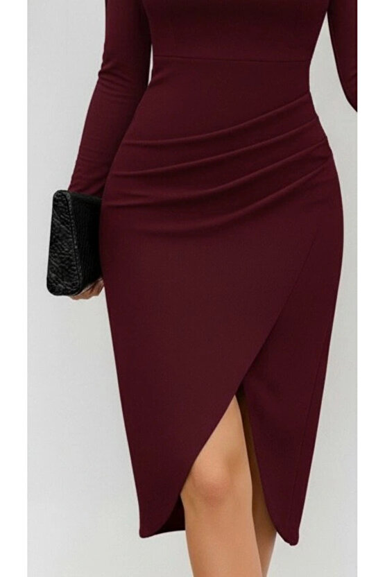 Kadın Uzun Kollu Kalp Yaka önden çapraz Detaylı Midi Ithal Krep Elbise