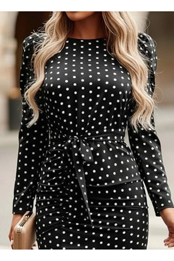 Kadın Uzun Kollu Yuvarlak Yaka Belden Kuşaklı önden Yırtmaçlı örme Krep Elbise