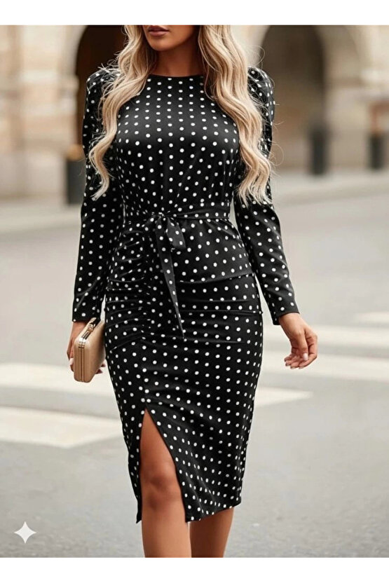 Kadın Uzun Kollu Yuvarlak Yaka Belden Kuşaklı önden Yırtmaçlı örme Krep Elbise