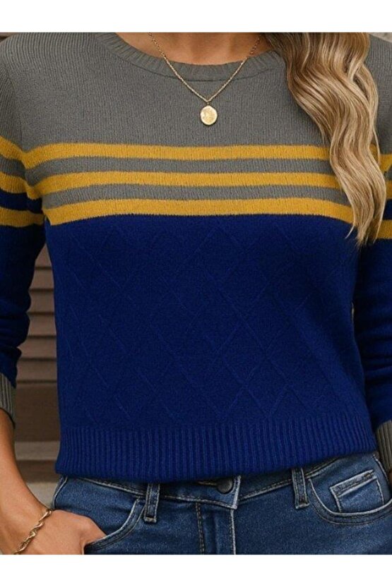 Kadın Uzun Kollu Bisiklet Yaka çok Renkli Triko Bluz