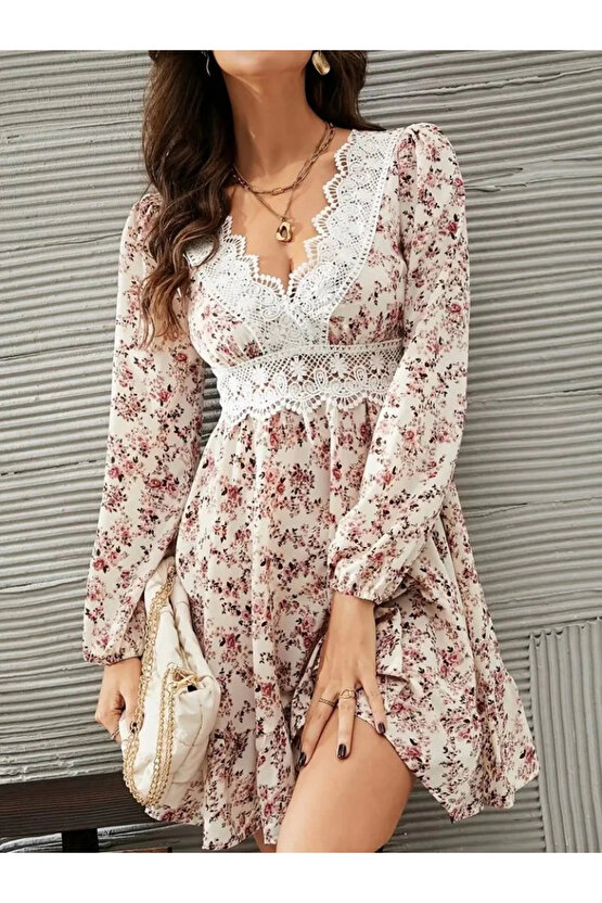Kadın Uzun Kollu Dantel V Yakalı Mini Desenli Süprem Elbise