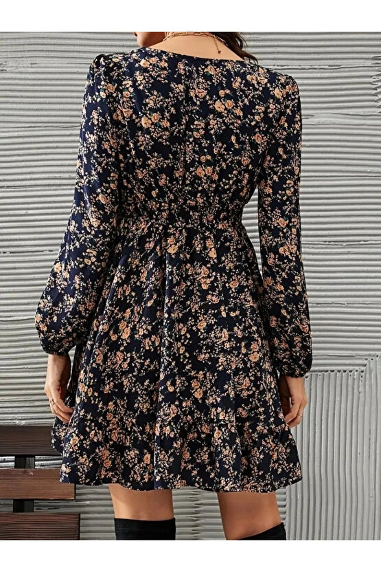 Kadın Uzun Kollu Dantel V Yakalı Mini Desenli Süprem Elbise