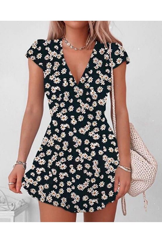 Kadın Kısa Kollu Kruvaze Yaka Papatya Baskılı Krep Elbise