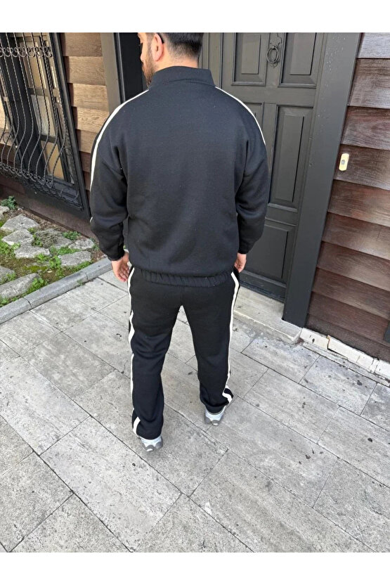 Erkek Çift Şeritli Eşofman Takım Dik Yaka Fermuarlı Sweatshirt Boru Paça Alt, Oversize 3 iplik Pamuk