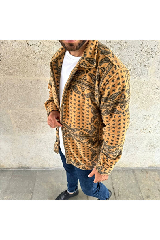 MDB Erkek Desenli Düğmeli Polar Gömlek – Hardal Paisley Desen Yakalı, Uzun Kollu, Oversize Rahat Kal