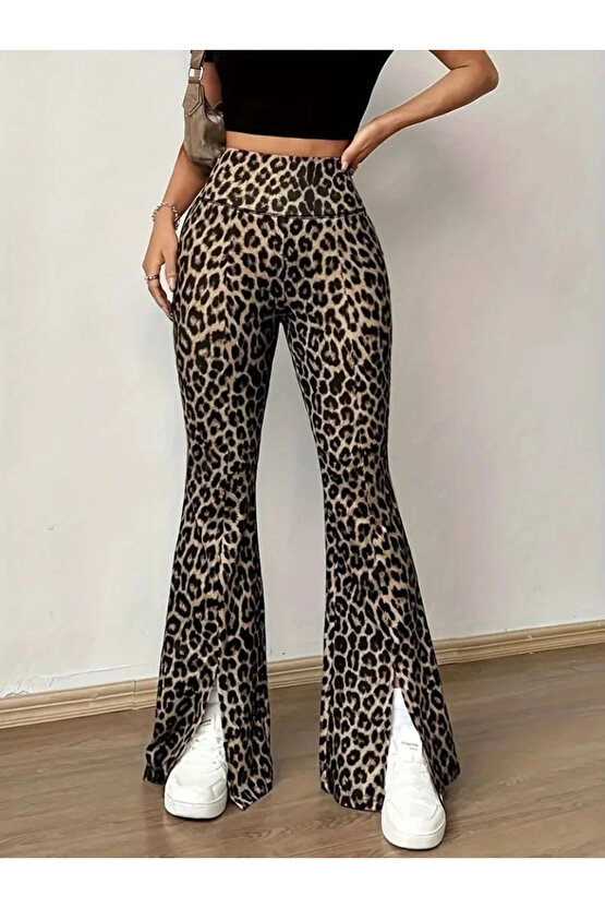 Kadın Yüksek Bel Leopar Desenli Yırtmaçlı Dalgıç Tayt
