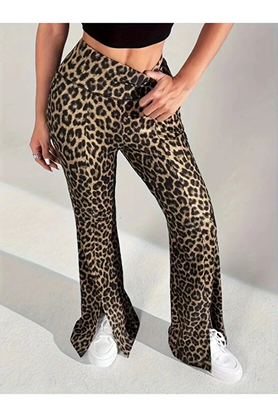 Kadın Yüksek Bel Leopar Desenli Yırtmaçlı Dalgıç Tayt